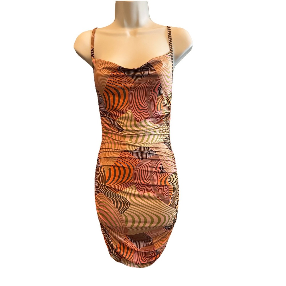 PrettyLittleThing Bodycon Ruched Dress Size 0 Retro Wavy Print Midi Funky Groovy
